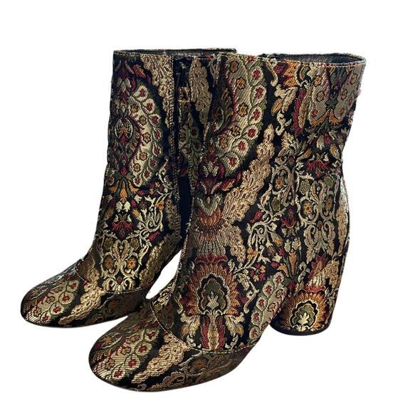 Topshop 7.5 Harry Jacquard Ankle Boots Embroidered Brocade Stack Heel Round Toe - Picture 4 of 9